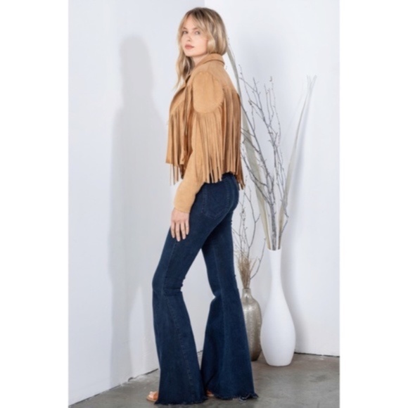 SOLD OUT Camel Faux Leather Suede Fringe Cropped Western Boho Moto Jacket - Picture 8 of 13